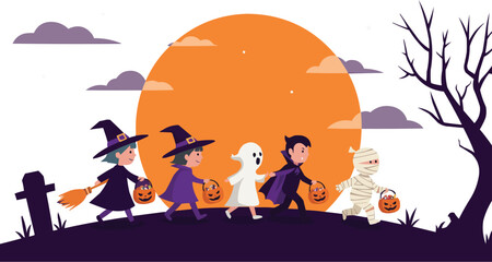 Flat Vector Silhouette of Trick-or-Treat Kids under Full Moon