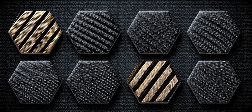 Hexagonal tiles with wood-grain patterns in black and gold