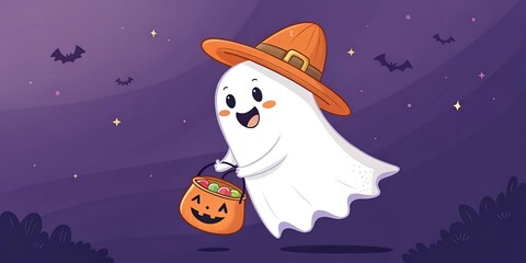 A cute cartoon ghost wearing an orange witch hat and holding a pumpkin candy bucket, floating in a purple night sky with bats and stars.
