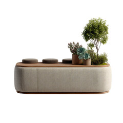 Outdoor seating bench with potted plants