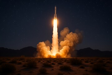 Powerful rocket launch at night illuminating the desert landscape with bright flames and smoke