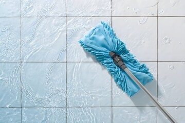 Blue mop cleaning spilled liquid.