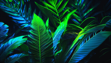 Tropical palm leaves glowing in neon light at night