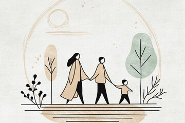 Stylized family walking together outdoors in park illustration