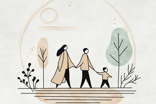 Naklejki Stylized family walking together outdoors in park illustration
