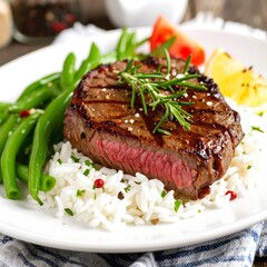 Grilled steak with rice and green beans