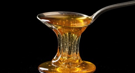 Golden honey dripping from a spoon in a viscous stream