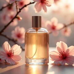 A bottle of women's perfume on a background of sakura flowers