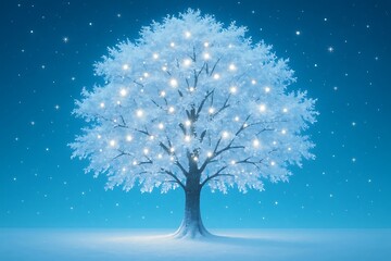 Magical winter tree adorned with glowing white lights under a starry blue sky