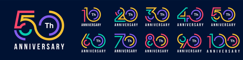 collection anniversary 10 to 100 year logo designs. abstract number for celebration event, wedding, greeting card, and invitation, vector illustration