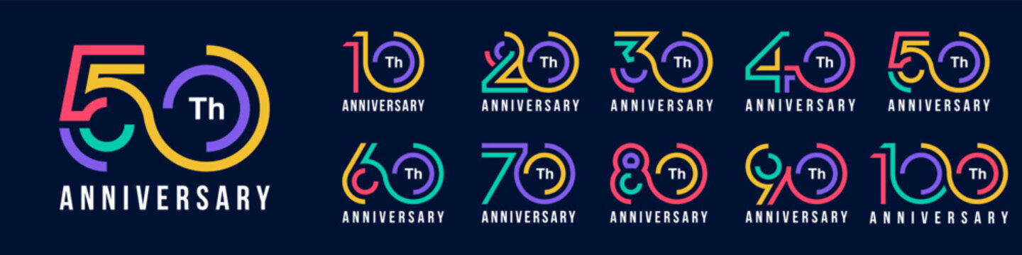 collection anniversary 10 to 100 year logo designs. abstract number for celebration event, wedding, greeting card, and invitation, vector illustration