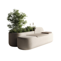Beige outdoor seating with planters.  A curved bench, light beige color,  features integrated planters, and a small tree