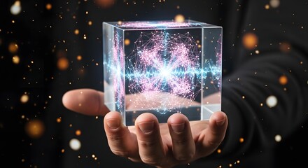 Hand holding transparent cube with network inside on dark background with bokeh lights