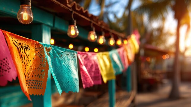This cheerful image showcases brightly colored papel picado banners fluttering in a warm, inviting outdoor setting, evoking a festive atmosphere perfect for celebrations and gatherings.