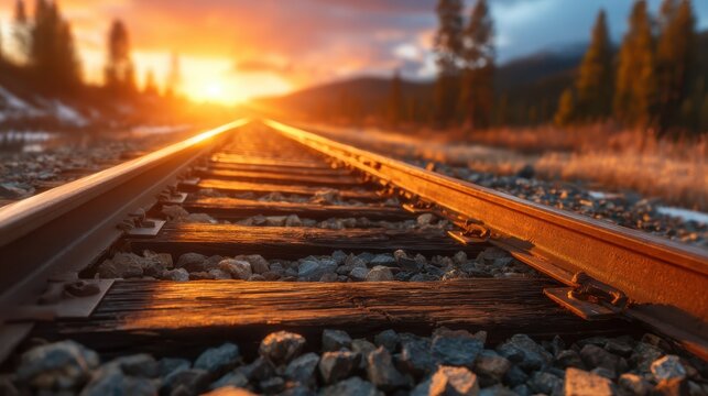 Dramatic view of railroad tracks extending into a vibrant sunset, symbolizing journeys and adventures, framed by trees and mountains in a picturesque landscape.
