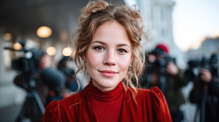 Fototapeta premium A confident woman poses with a charming smile amidst the backdrop of cameras and photographers, embodying a lively spirit of celebrity or public figure in a modern, dynamic atmosphere.