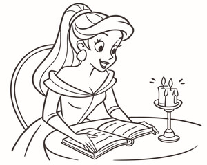 Enchanting Princess Coloring Page A Magical Book & Candle Scene