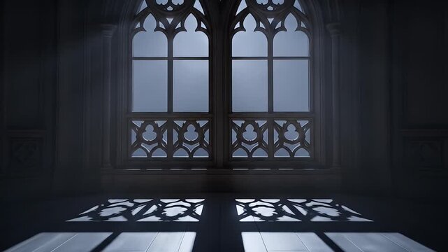Sunlight streams through ornate windows into a gothic interior, creating striking patterns