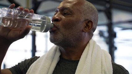 An older African-American man is drinking water from a clear plastic bottle, with a towel around his neck. - Powered by Adobe