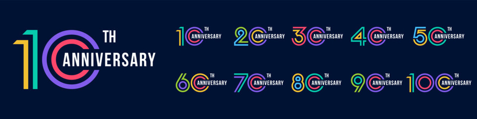 collection anniversary 10 to 100 year logo designs. abstract number for celebration event, wedding, greeting card, and invitation, vector illustration