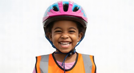 Child wearing a bicycle helmet and reflective vest, smiling in daylight, safety and health theme