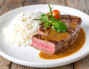 Grilled steak with rice and sauce