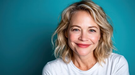 A vibrant portrait of a smiling woman against a turquoise background, showcasing her joyful demeanor, natural beauty, and relaxed, approachable vibe in a casual t-shirt.