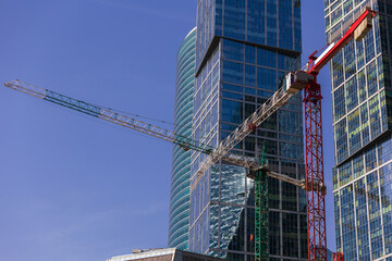 Construction of high-rise buildings, general views of buildings and cranes