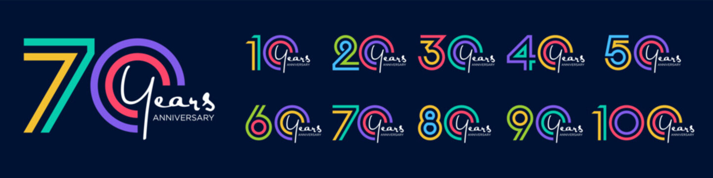 collection anniversary 10 to 100 year logo designs. abstract number for celebration event, wedding, greeting card, and invitation, vector illustration