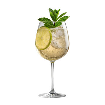 An elegant Hugo Spritz cocktail in a crystal clear stemmed wine glass with effervescent golden liquid, mint, lime, and condensation on a transparent background, commercial beverage concept