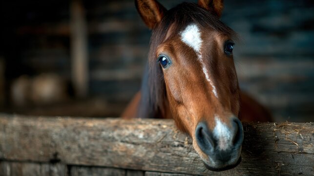 A close-up of a beautiful brown horse looking over a rustic wooden fence, conveying a sense of curiosity and connection with its surroundings in a warm setting. - Powered by Adobe