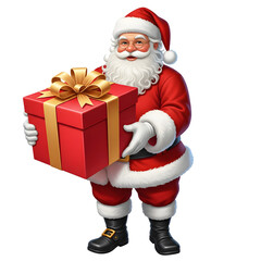 Jolly santa claus holding a large red gift box with a golden ribbon isolated on transparent background