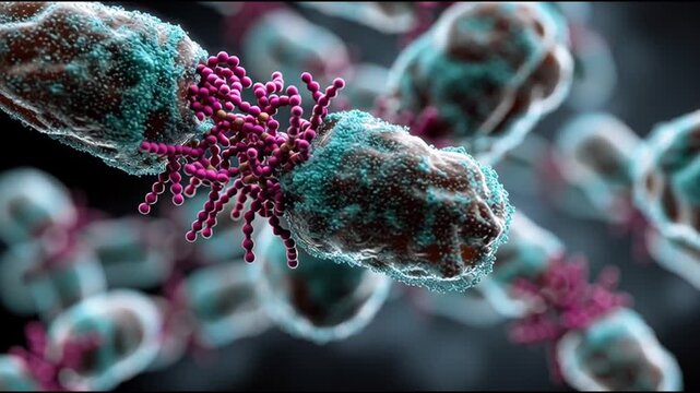 Sirtuins longevity. Cell repair. Mitochondria. Healthspan. Detailed microscopic view of bacteria with visible structures.