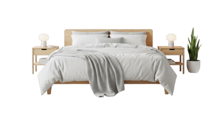 Modern Bedroom Setup with Wooden Bed Frame and White Bedding.