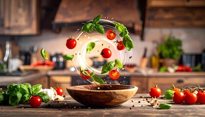 Fresh cherry tomatoes and basil in a wooden bowl