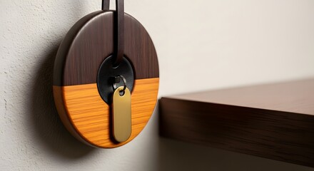 Wooden key holder hanging on wall with key and shelf in background in studio shot setting