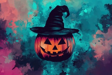 A vibrant jack-o'-lantern wearing a witch's hat, set against a backdrop of colorful, abstract splatters.