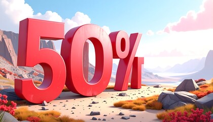 3D render of 50% discount on a landscape