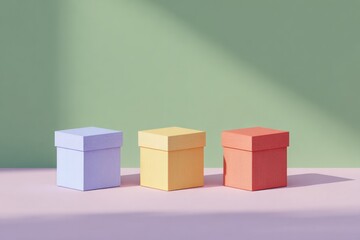 Obraz premium Colorful gift boxes arranged on pastel surface, casting soft sha