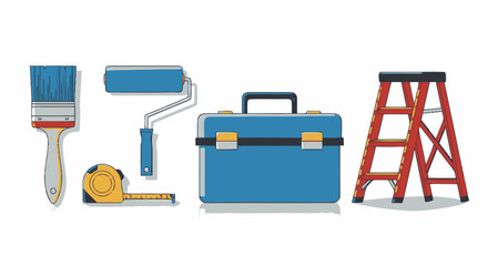 Handyman Tools Paintbrush Roller Tape Measure Toolbox and Ladder.
