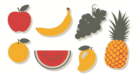 Stylized Fruit Collection Apple Banana Grapes Orange Watermelon Mango Pineapple.