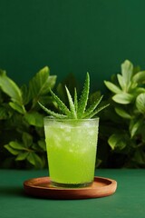 Refreshing green drink garnished with aloe vera, set against lus