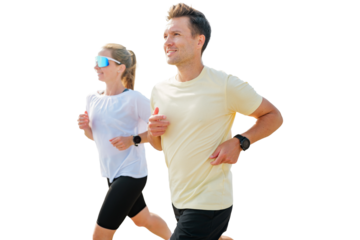 Couple enjoying a jog during their morning workout, isolated transparent background