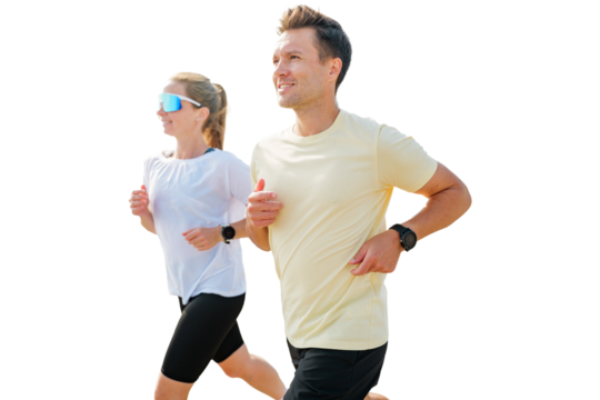 Couple enjoying a jog during their morning workout, isolated transparent background