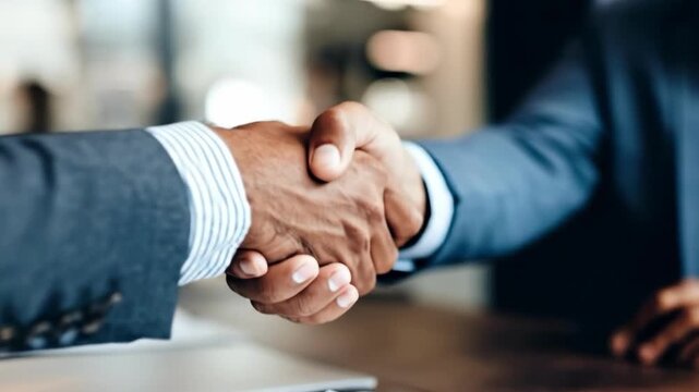 Handshake Deal: Close-up shot of two individuals clasping hands in a firm handshake, symbolizing an agreement or deal. The scene evokes trust and collaboration.