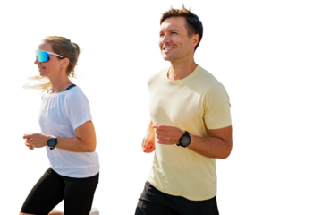 Jogging couple enjoying an active lifestyle, isolated transparent background
