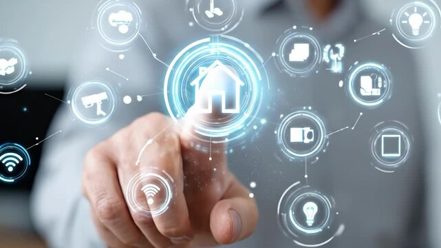 Smart Home Technology Touch: A person's finger elegantly interacts with a futuristic digital interface, controlling smart home technology with intuitive ease. The image conveys seamless automation.