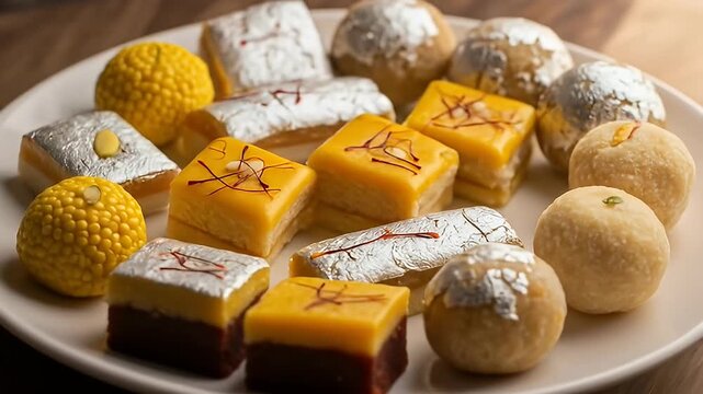 Variety of round, square, and rectangular sweets on a white plate, close-up shot