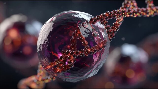 Sirtuins longevity. Cell repair. Mitochondria. Healthspan. 3D rendering of a cell with DNA strands in a vibrant, abstract design.