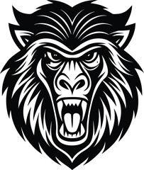 Obraz premium Vector art of aggressive black and white illustration of a gorillas face with an open mouth and sharp teeth, symbolizing aggression, power, and wildness